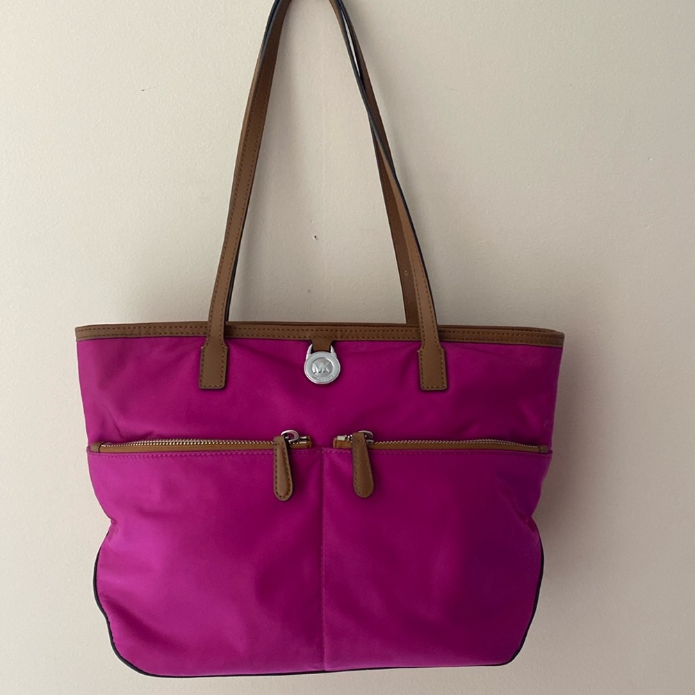 Michael Kors Nylon Leather-Trim Shoulder purple tote bag